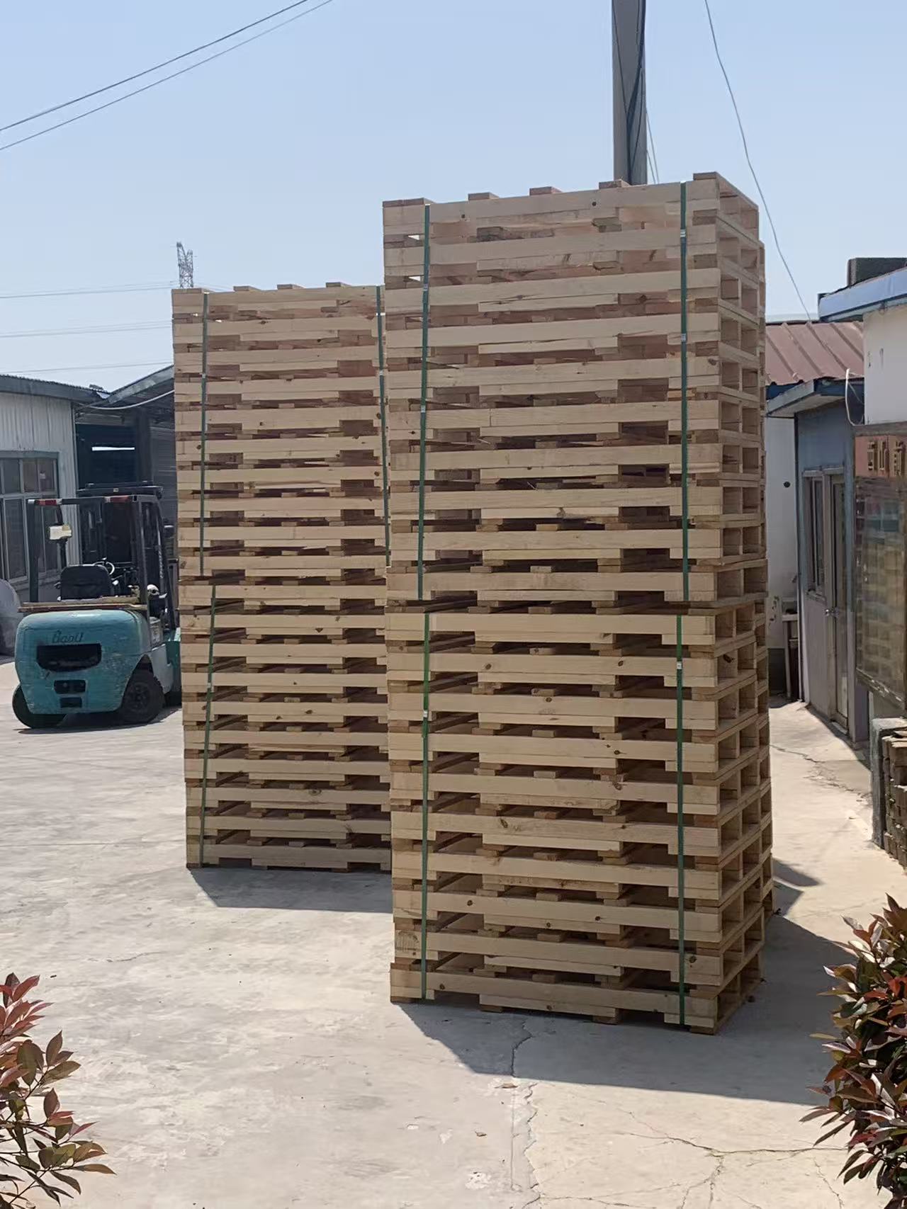 Solid wood export pallets with forklift at Rizhao Echon facility